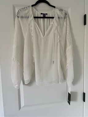 BCBG Ivory Sheer Ruffle Tie-Front Blouse
